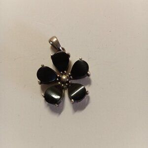 Black Onyx & Silver Flower Pendant